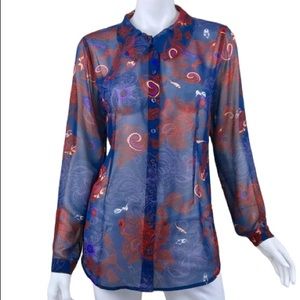 CAbi Number 3122 sheer blue and red blouse “the lovely “medium